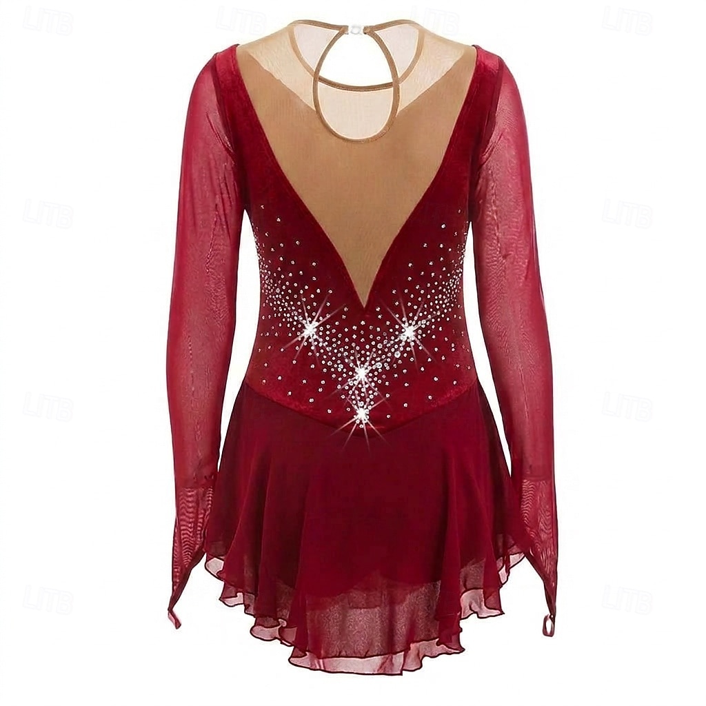 Figure Skating Dress Women's Ice Skating Dress Burgundy Patchwork Thumbhole Stretchy Training Competition Skating Wear Classic Crystal / Rhinestone Long Sleeve Ice Skating Figure Skating 2026 - $176.99 –P2