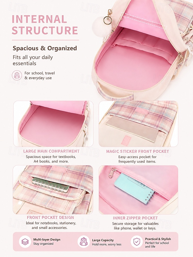 Girls Plaid Backpack for School, Large Capacity Multi Pocket Polyester Bookbag, Cute Pink Travel School Backpack with Laptop Compartment, Water Resistant for Elementary & Middle School 2026 - €36.99 –P11