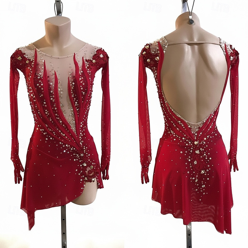 Rochie de Patinaj Artistic Pentru femei Πατινάζ στο πάγο Rochii Rosu Peteci Deschide Înapoi Strech Antrenament Competiție Ținută Patinaj Clasic Cristale / Strasuri Manșon Lung Patinaj pe Ghea 2026 - $285.99 –P1