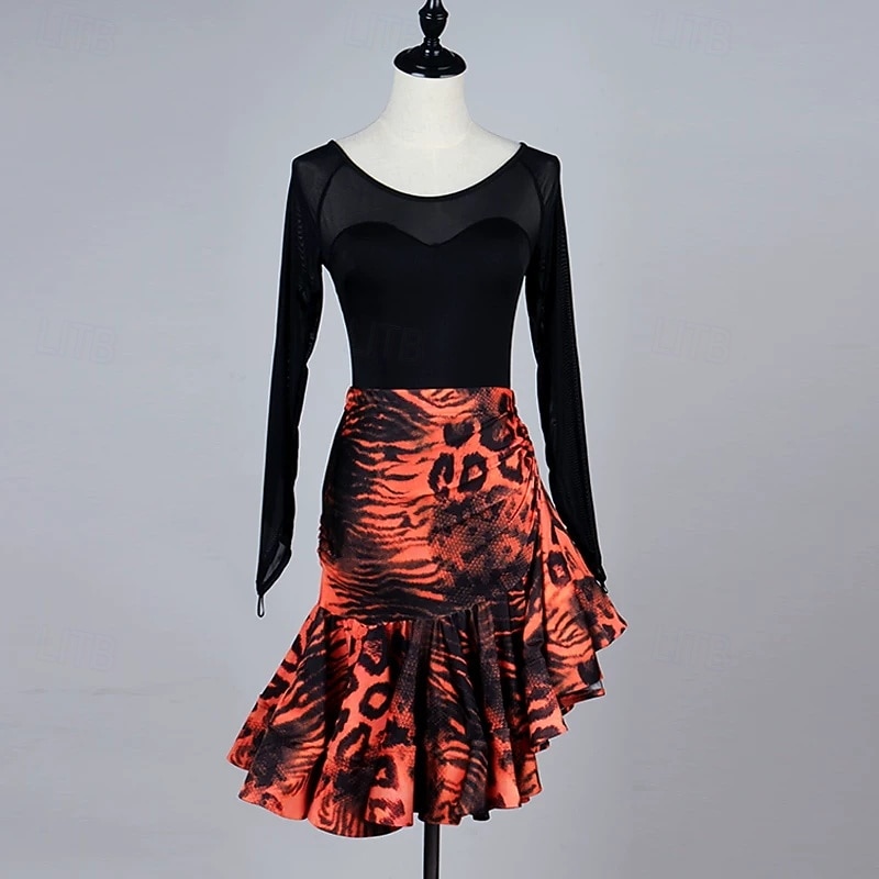 Leopard Print Latin Dance Dress - Long Mesh Sleeve Performance Wear  Orange & Black Salsa Samba Competition 2026 - $128.99 –P1
