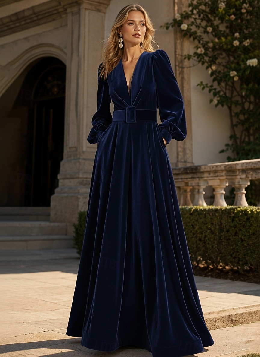Abito da sera A-Line rosso nero blu in velluto elegante formale per matrimonio autunnale lungo fino al pavimento con maniche lunghe scollo a V tasca con spacco tasca del 2026 a $195.99 –P7