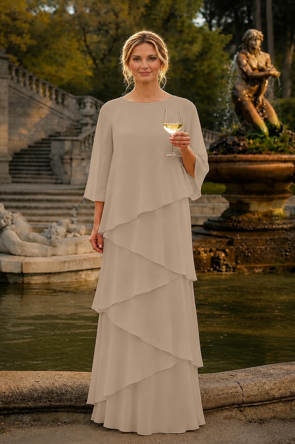 Funda Columna Hasta el Suelo Vestido Invitada Boda Vestido formal Vestido de noche Vestido de Madrina Manga 3/4 Cuello Barco Elegante Formal Gasa con Volantes 2026 - $172.99 –P11