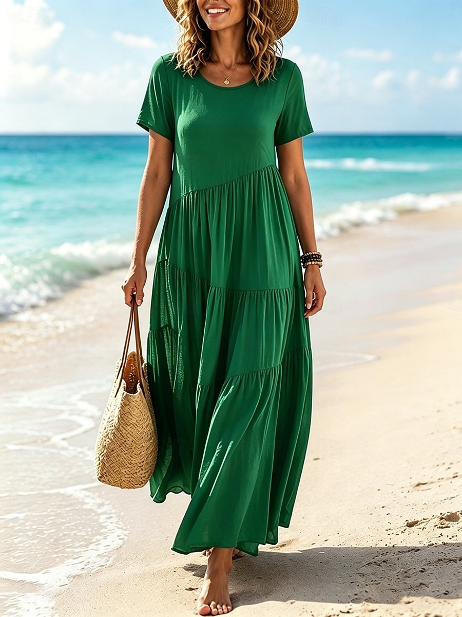 Women's Vintage Crew Neck Ruffle Pleated Asymmetric Maxi Dress Khaki Black White Pink Summer 2026 - $24.99 –P9