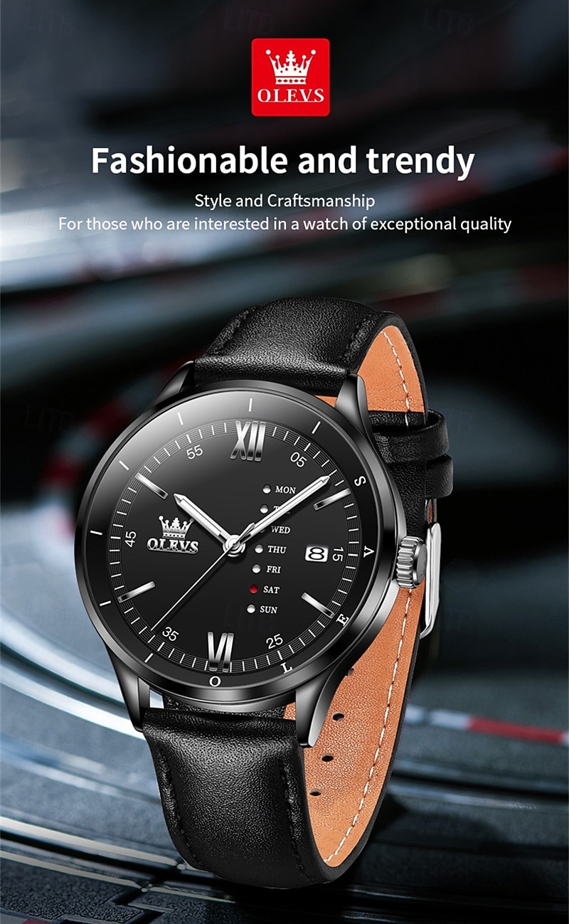 OLEVS Men's Luxury Watch Business Fashion Quartz Wristwatch Waterproof Leather Strap Blue Sunray Dial with Unique Day Date Display Luminous Hands Roman Numerals Dress Watch for Male Gift 2026 - $31.99 –P11