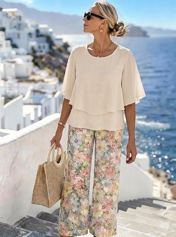 Mulheres Conjuntos de calças Manga Curta Meia Manga Borboleta Decote Redondo Floral Gráfico Elegante Férias Casual Diário Laranja Verde Bege Primavera Verão Normal Ajuste Largo de 2026 por $36.99 –P1