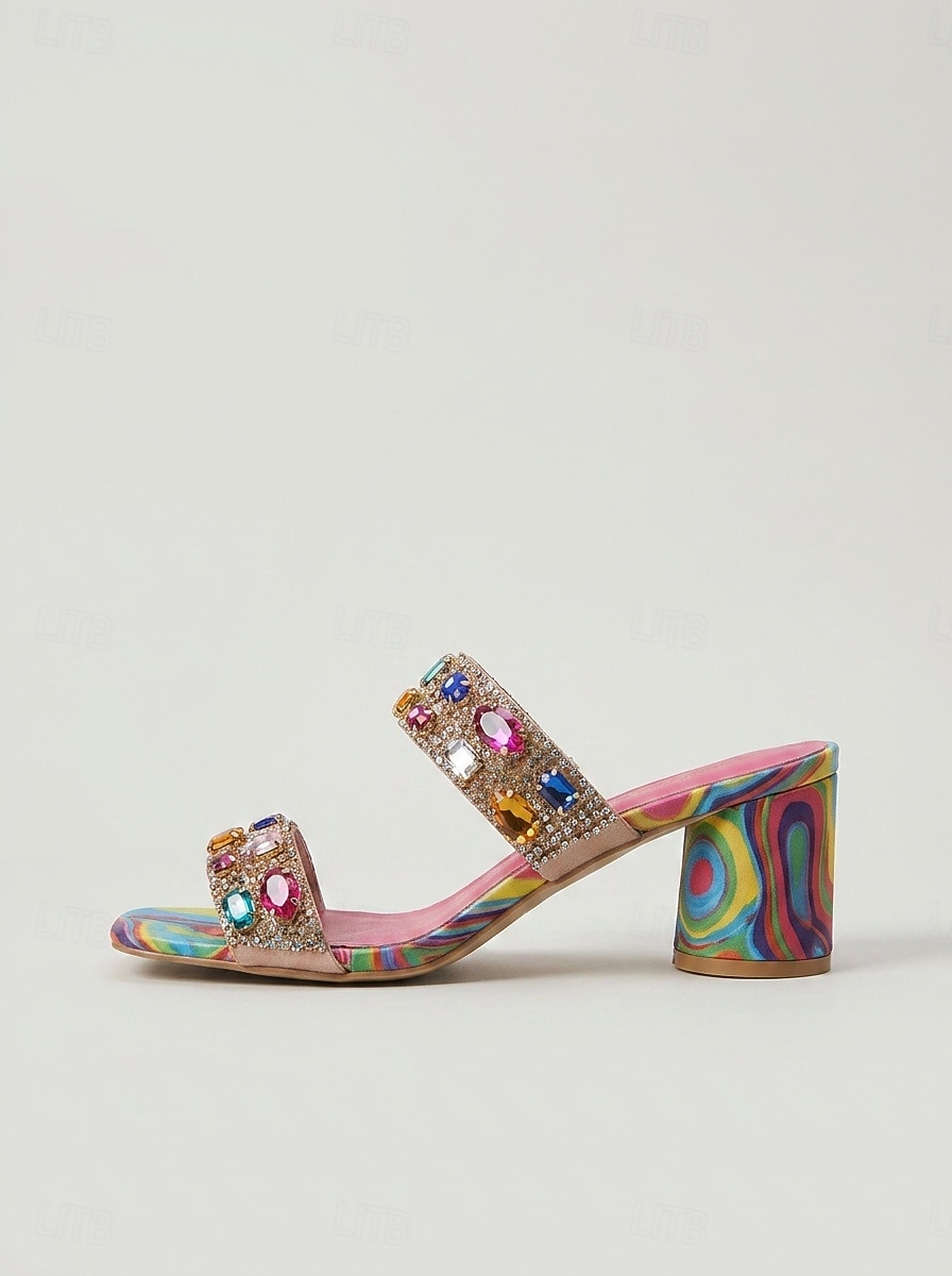 Sandálias femininas coloridas de salto bloco - mules com detalhes em cristal, perfeitas para jantares de férias, festas na praia e noites de verão. de 2026 por $32.99 –P5