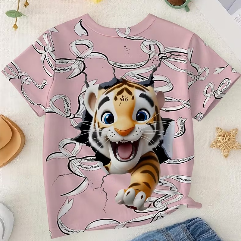 2026年 女の子 3D グラフィック レオパード Tシャツ Ｔシャツ 半袖 3Dプリント 夏 春 スポーツ ファッション ストリートファッション 子供 5〜12年 クルーネック カジュアル 日常 アウトドア レギュラー  コレクション – $13.49 –P11
