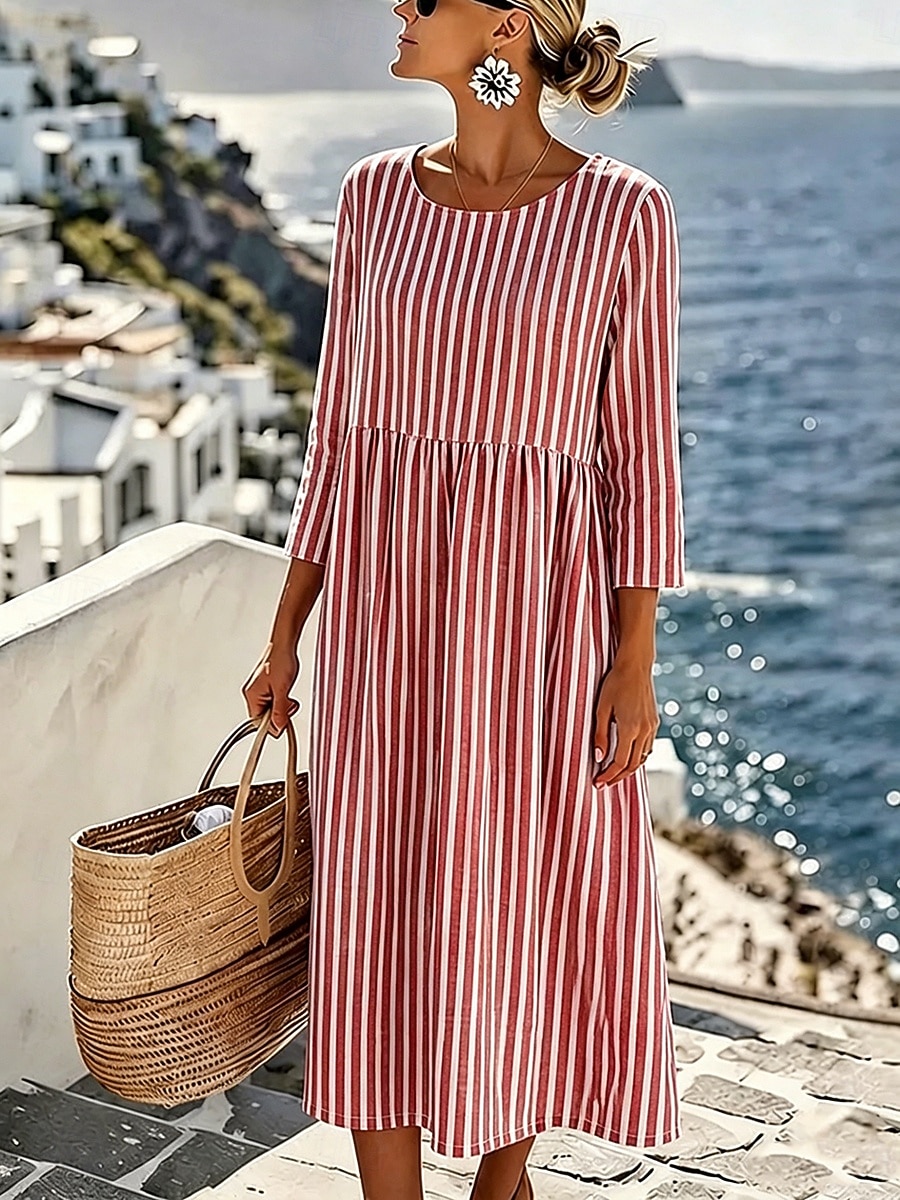 Per donna Abito Midi Abito a Tubino Vestito Estivo Vacanza Casual Spiaggia Uscire Vestibilità regolare Grafico Geometrico A righe Manica 3/4 Girocollo Blu Rosso Verde Grigio Estate Primavera del 2026 a $34.99 –P4