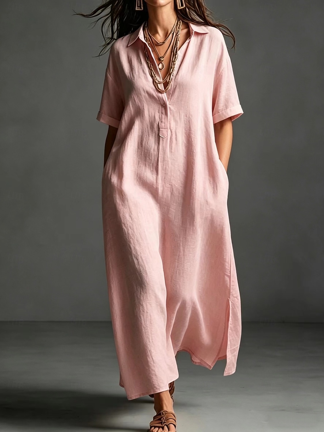 Women's Maxi long Dress Linen Dresses Elegant Vacation Loose Fit Plain Short Sleeve Shirt Collar Summer 2026 - $33.99 –P5