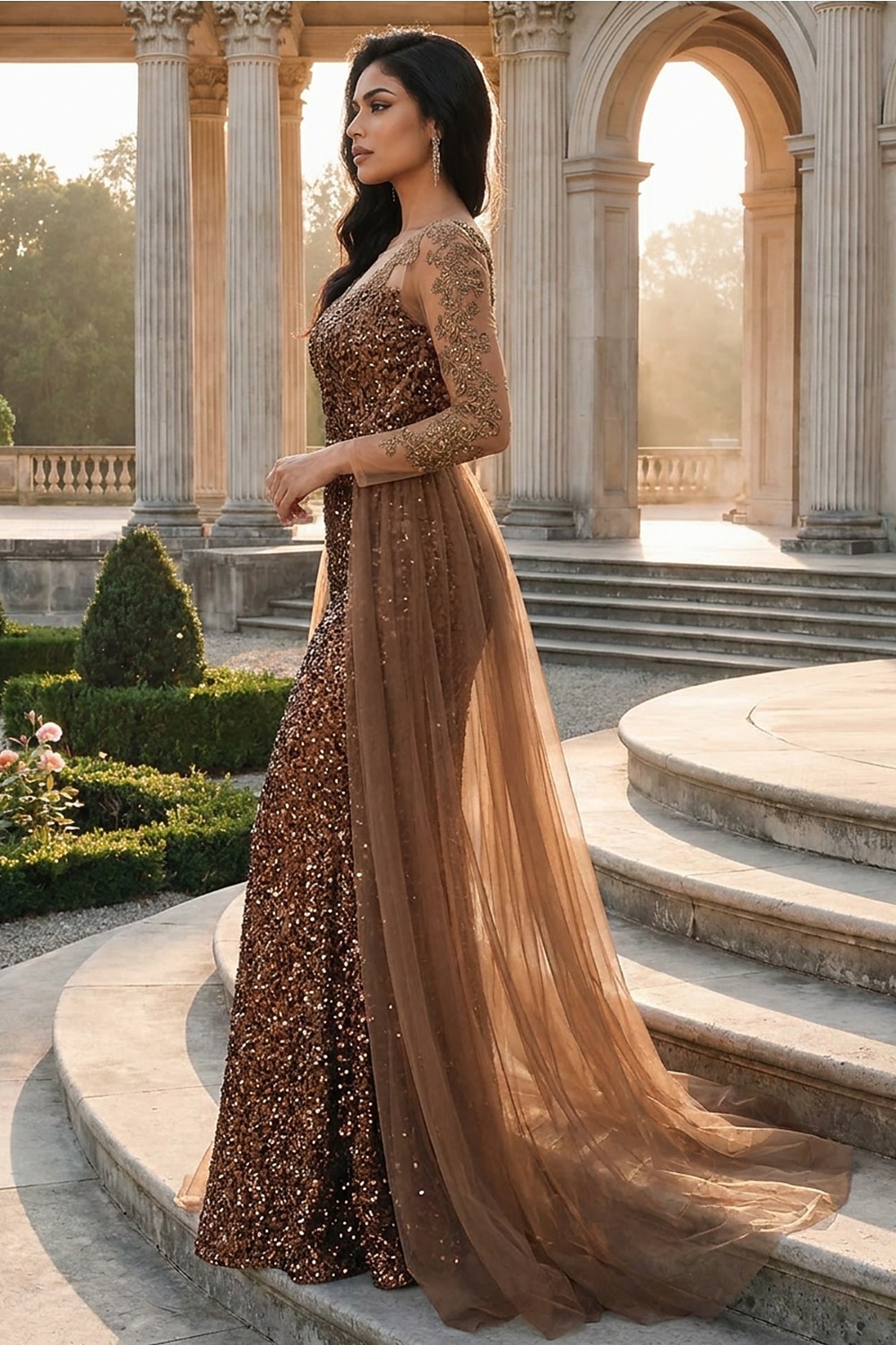 Corte Trompeta Sirena Hasta el Suelo Vestidos de noche Vestido de baile con sobrefalda Vestimenta formal Elegante Manga Larga Cuello Barco Fiesta de baile Fiesta de Noche Tul con Lentejuela 2026 - $114.99 –P3