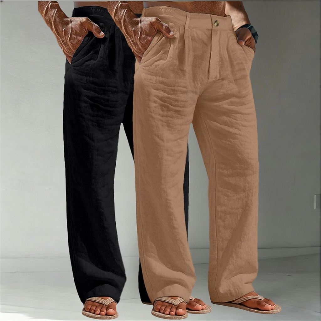 Voor heren Linnen broek Broek Zomerbroek Wijde broek Strandbroeken Zak Effen Comfort Ademend Volledige lengte Casual Dagelijks Buiten Vakantie Modieus Wit + kaki Bruin + Zwart Inelastisch 2026 - $45.99 –P8