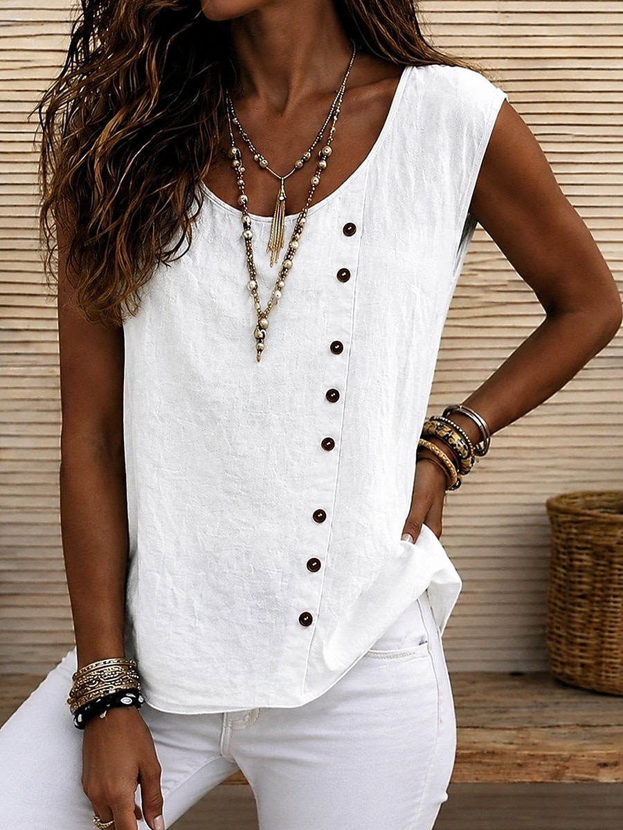 Mujer Camisas con tacto de lino Camiseta Camisa de lino sintético Camiseta superior Botones Color sólido Moda Elegante Clásico Sin Mangas Cuello Barco Escote Cuadrado Camiseta con cuello redondo Tops 2026 - $21.99 –P5