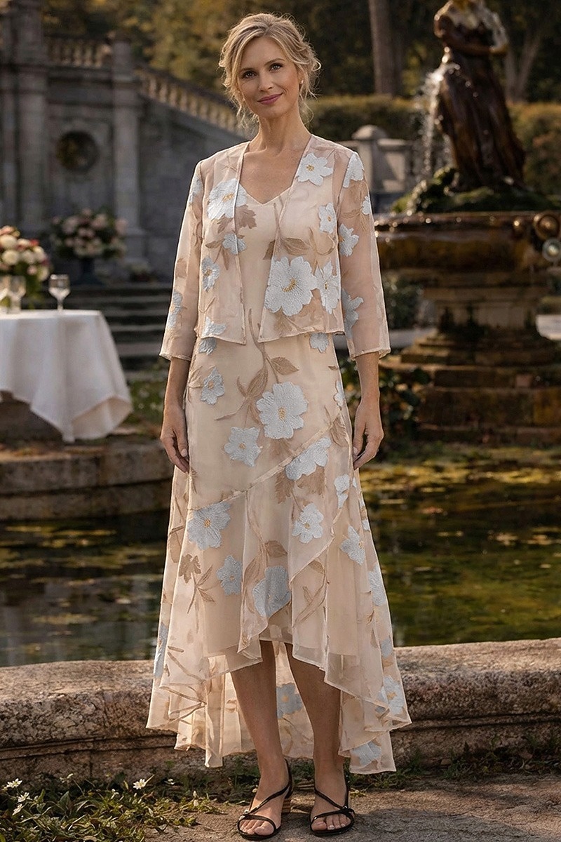 Due Pezzi Linea ad A Lunghezza Tè Abito da invitata a nozze Abito da cerimonia per signora Senza Maniche Manica 3/4 Scollo a V Elegante Semplice Formale Derby del Kentucky Semi-Formale Organza del 2026 a $195.99 –P7