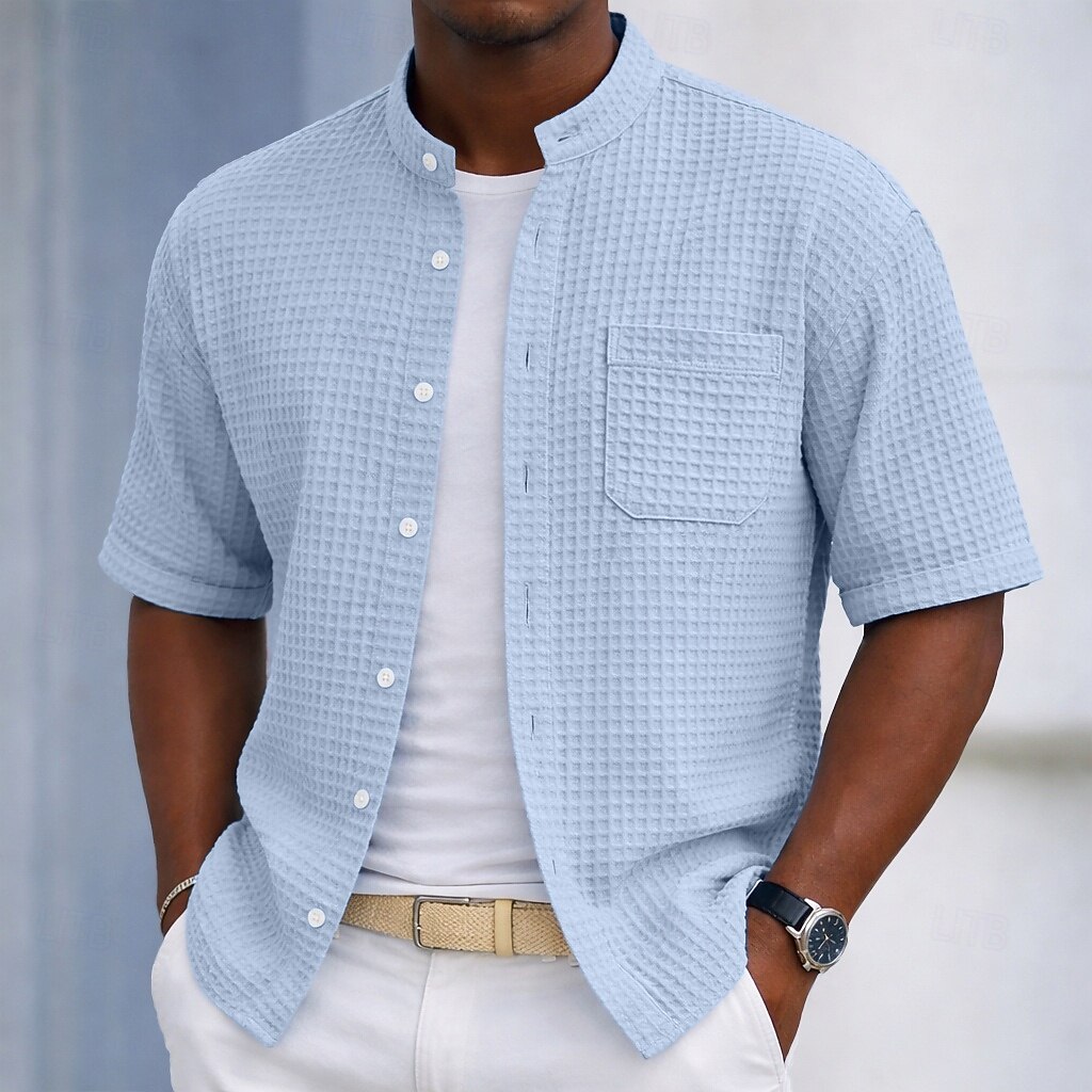 Men's Shirt Waffle Shirt Casual Shirt Button Up Shirt Black Light Green Navy Blue Purple Military Green Short Sleeve Plain Grandad Collar Casual Daily Front Pocket Clothing Apparel Elegant Fashion 2026 - $28.99 –P3