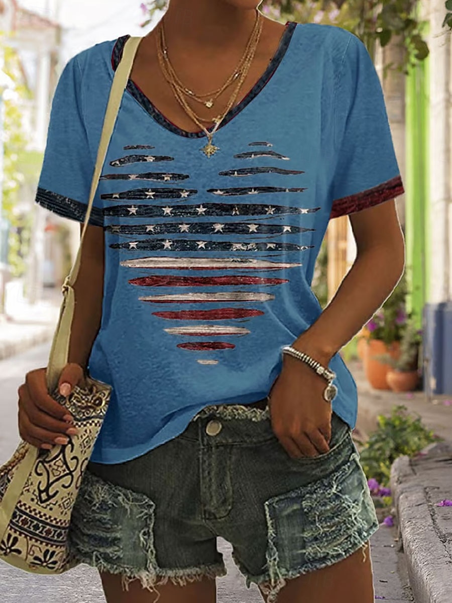 Dia da Independência Americana Mulheres Camiseta Imprimir Gráfico Letra Bandeira americana à moda Clássico Casual Manga Curta Decote V Tops regulares Casual Diário Azul Branco Cinzento Verão Primavera de 2026 por $21.99 –P5