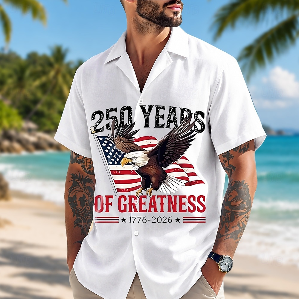 Camicia a maniche corte da uomo per il 250° anniversario con bottoni aquila patriottica bandiera americana top estivo per le vacanze del 2026 a $25.99 –P1