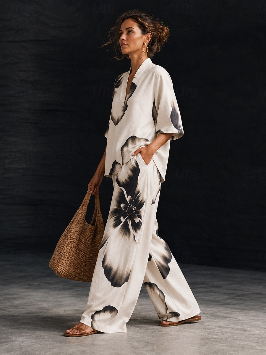 Women's Shirt Cotton Linen Sets Pants Sets Short Sleeve Half Sleeve V Neck Floral Graphic Geometric Print Vacation Fashion Streetwear Casual Daily Outdoor Black White Ivory Spring & Summer Loose Fit 2026 - $55.99 –P2