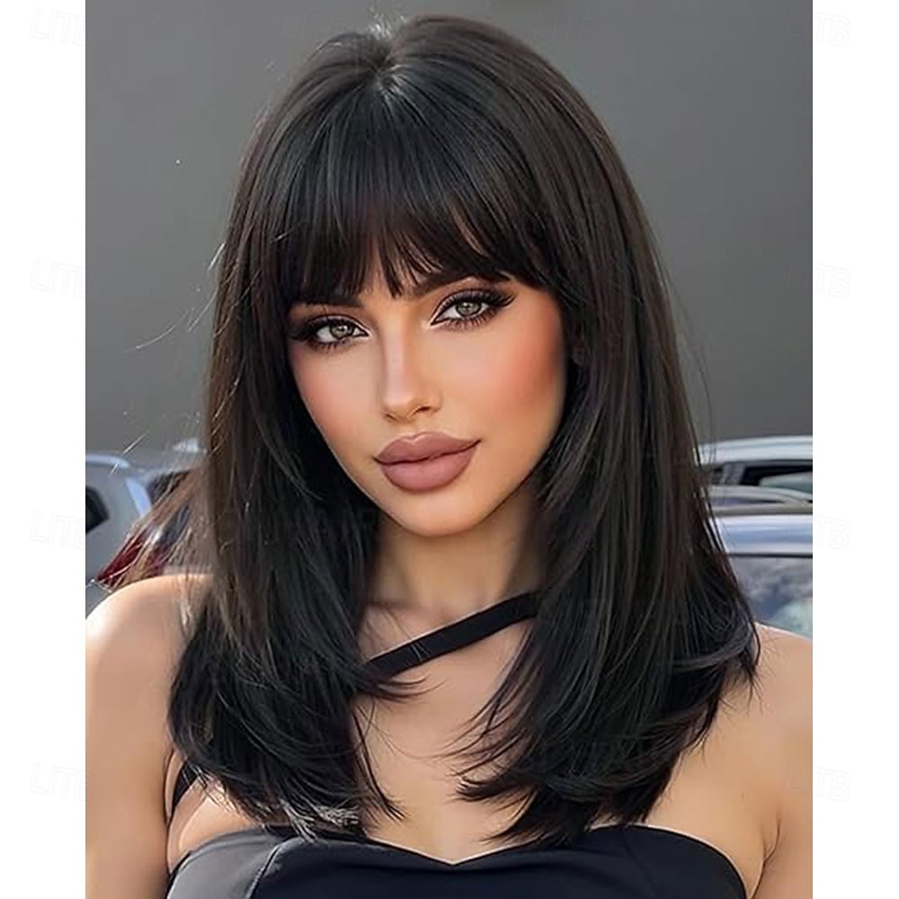 Parrucca bionda ombre con frangia per donna, parrucca liscia a strati di media lunghezza, naturale, ideale per feste e occasioni speciali. del 2026 a $34.99 –P2