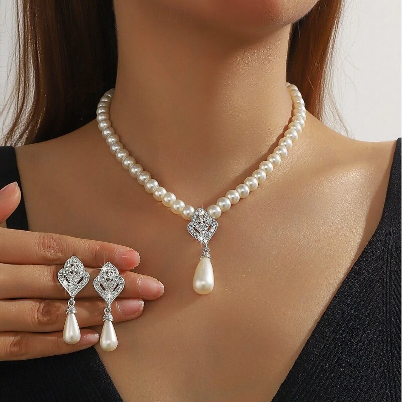 Earrings Set Two-piece Suit Pearl Pearl Earrings Necklace Women's Fashion Jewelry Set For Wedding 2026 - $17.49 –P1