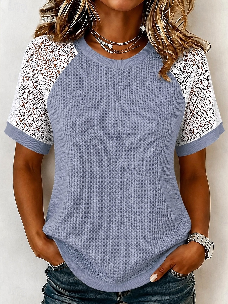 Women's Eyelet Top Lace Splicing Top Contrast Lace Lace Elegant Bohemia Stylish Short Sleeve Crew Neck Long Tops Casual Daily Going out Black White Gray Summer Spring 2026 - $21.99 –P3