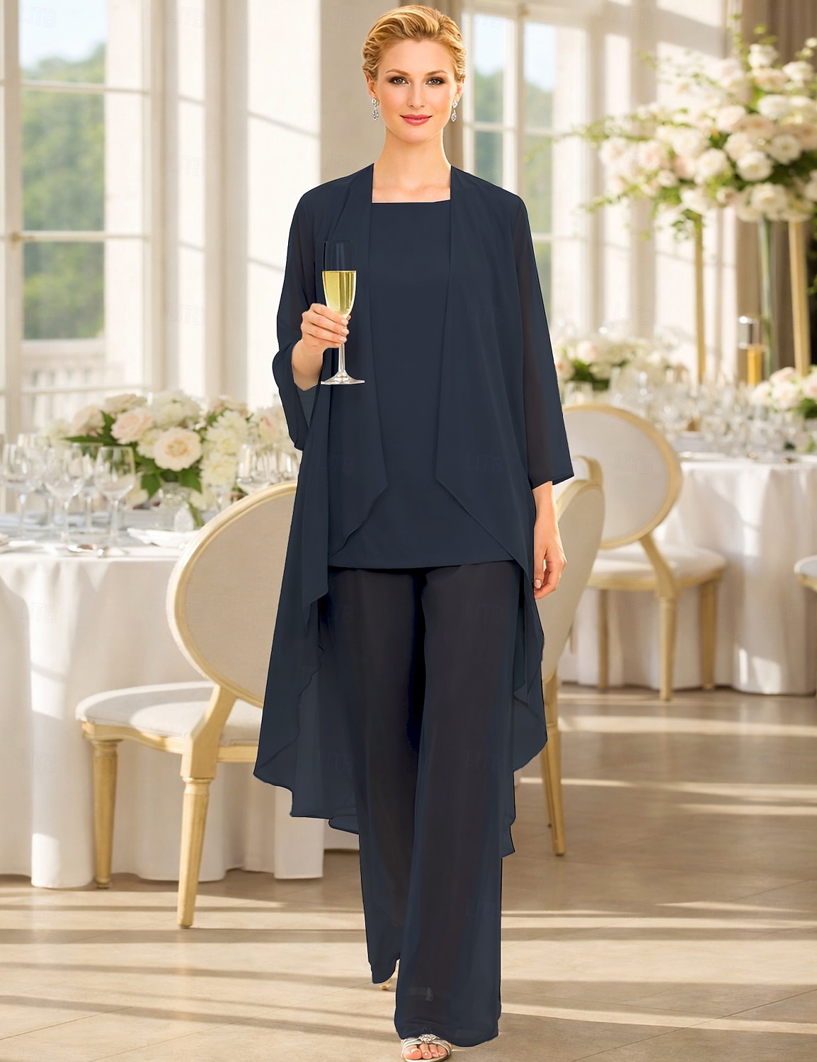 Traje de pantalón Traje de 3 piezas Hasta el Suelo Vestido de Madrina Sin Mangas Barco de cuello Elegante Talla Grande Bolero incluido Invitado a la boda Gasa Vestidos de chaqueta con Un Color 2026 - $137.99 –P9