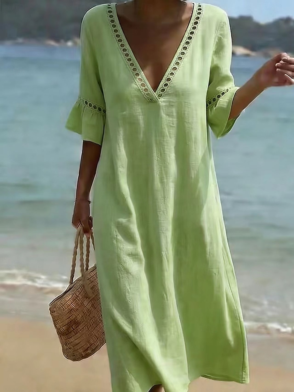 Mulheres Vestido midi Vestidos Para o Verão Elegante Férias Manga Princesa Praia Ajuste Largo Côr Sólida Meia Manga Decote mergulhador Azul Claro Branco Champanhe Verde Claro Verão Primavera de 2026 por $26.99 –P5