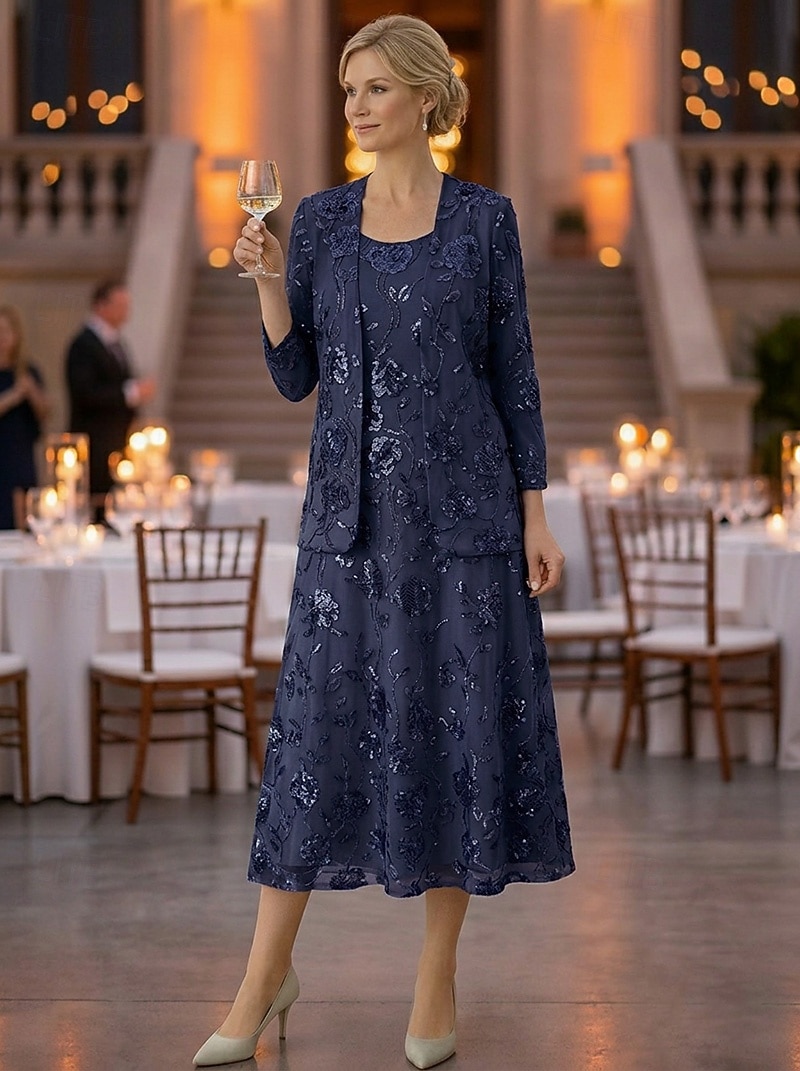 Zweiteilig A-Linie Knöchellänge Tee-Länge Kleid für Hochzeitsgäste Brautmutterkleid Ärmellos Langarm Rundausschnitt Elegant luxuriös Glanz & Glamour Formell Hochzeitsgast Chiffon Paillettenbesetzt mit 2026 - $182.99 –P7