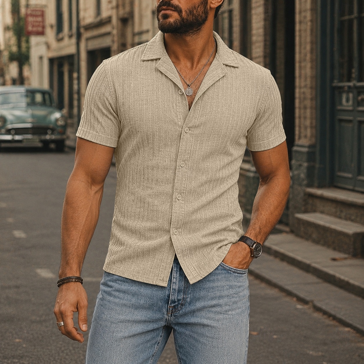 Men Shirt Casual Shirt Button Up Shirt Jacquard Shirt Black White Burgundy Navy Blue Apricot Short Sleeve Plain Cuban Collar Casual Daily Front Pocket Clothing Apparel Elegant Fashion Casual 2026 - $22.99 –P5