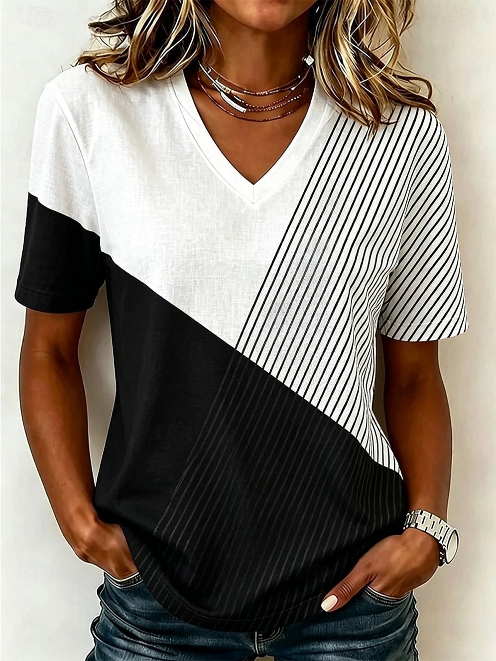 Women's T Shirt Print Striped Stylish Casual Short Sleeve V Neck Long Tops Daily Brown And White Black and White Dusty Rose Gray Summer Spring Fall Winter 2026 - $21.99 –P2