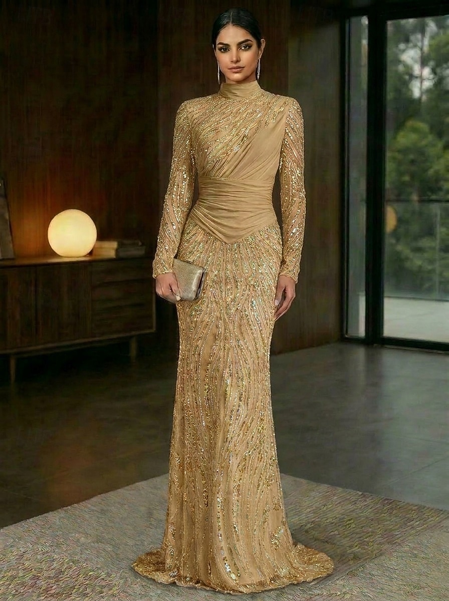 Schlauchkleid Bodenlang Abendkleid Festliche Kleidung Elegant Glitzernd Glitzern Langarm Hoher Ausschnitt Hochzeit Formell Spitze Stretch Satin mit Falten Perlenbestickt 2026 - $194.99 –P1