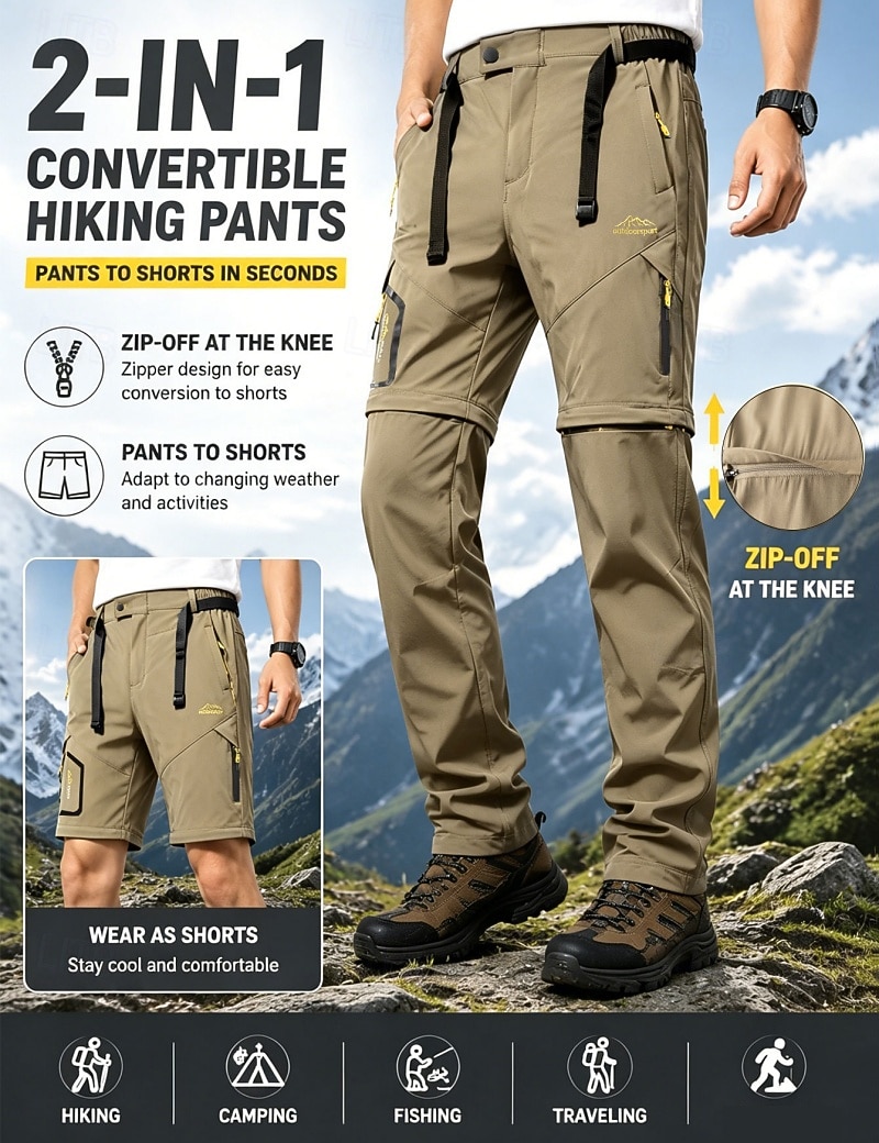 Herr Långbyxor Taktiska byxor Casual byxor Vandringsbyxor Utomhusbyxor Ficka Konvertibel Ensfärgat Vattentät Snabb tork Dagligen Utomhus Helgdag Streetwear Stylish Kaki Svart Oelastisk 2026 - $39.99 –P1