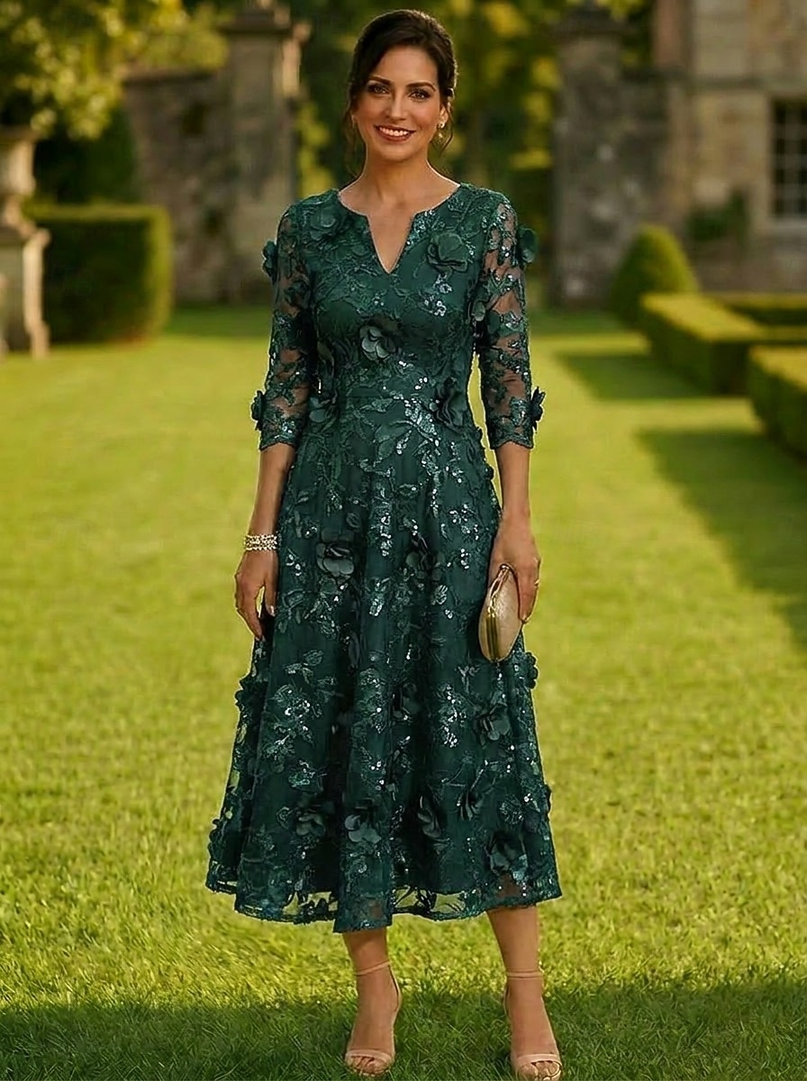 Linha A Longuette Vestido de renda Vestido Para Mãe dos Noivos Manga Longa Decote V Elegante Vintage Formal Convidado do casamento Festa de Casamento Cetim Renda com Flores 3D Lantejoulas Bordado de 2026 por $171.99 –P4