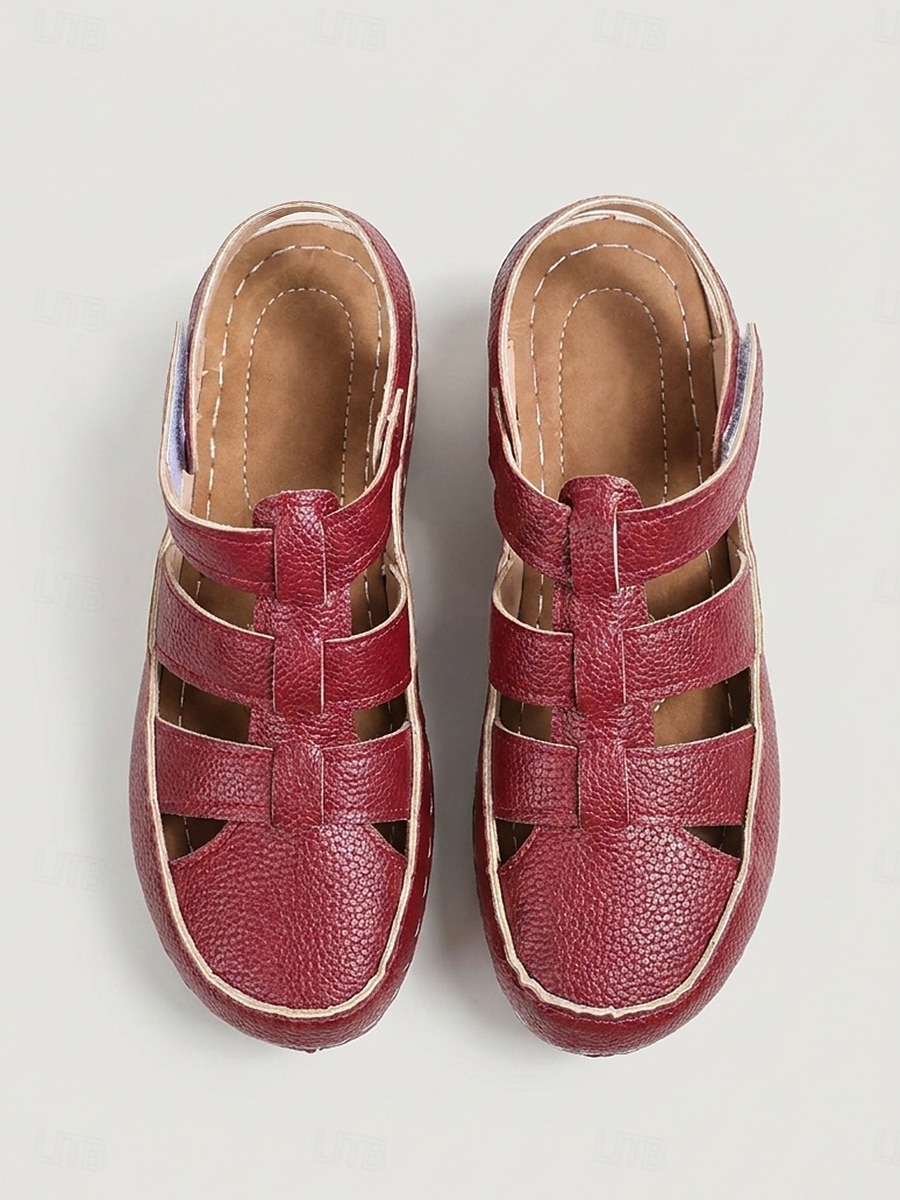 Sandálias femininas vermelhas escuras de bico fechado - calçado casual confortável com design vazado em tecido, sandálias de verão respiráveis com fecho de velcro para uso diário e viagens. & andando de 2026 por $24.99 –P4