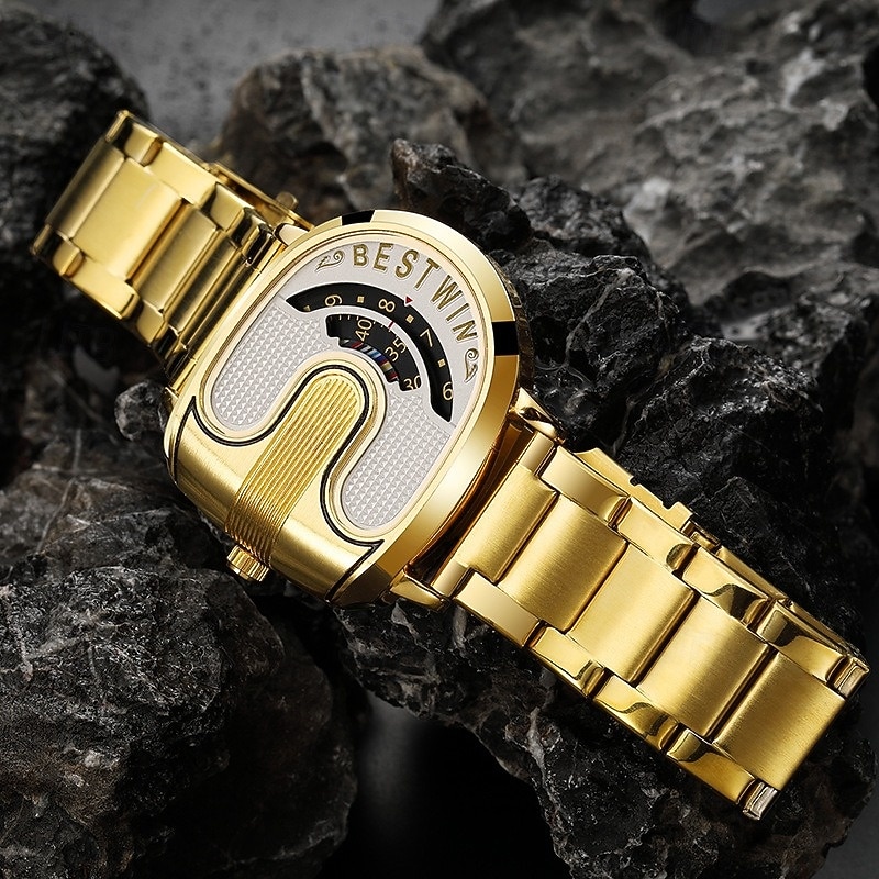 Men's Luxury Gold Watch Creative Unique Design Rolling Disc Dial Futuristic Cyberpunk Style Stainless Steel Band Waterproof Fashion Cool Casual Wristwatch Gifts for Men 2026 - $29.99 –P6