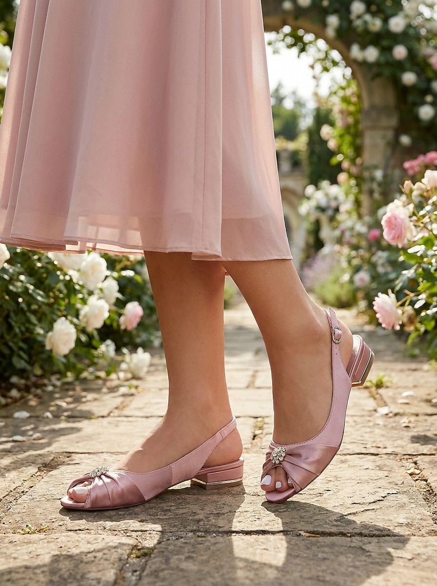 Women's Low Heel Satin Slingback Wedding Shoes, Peep Toe Bridal Flats with Crystal Embellishment for Bride, Bridesmaid & Wedding Guest 2026 - $59.99 –P2