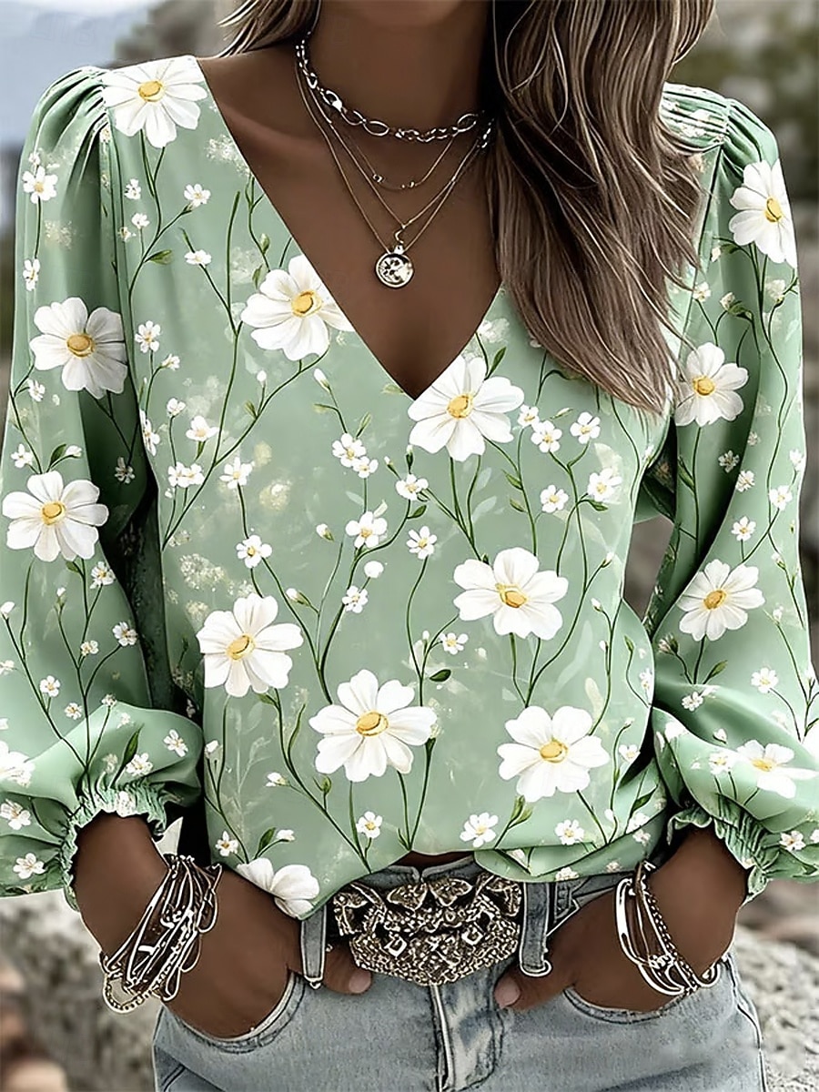 Per donna Camicia Stampato Floreale Grafico Bohemien Vacanza Vintage Manica Lunga Manica a Lanterna Scollo a V Top Regolari Casuale Quotidiano Ferie Blu Rosa Viola Verde Estate Primavera del 2026 a $32.99 –P1
