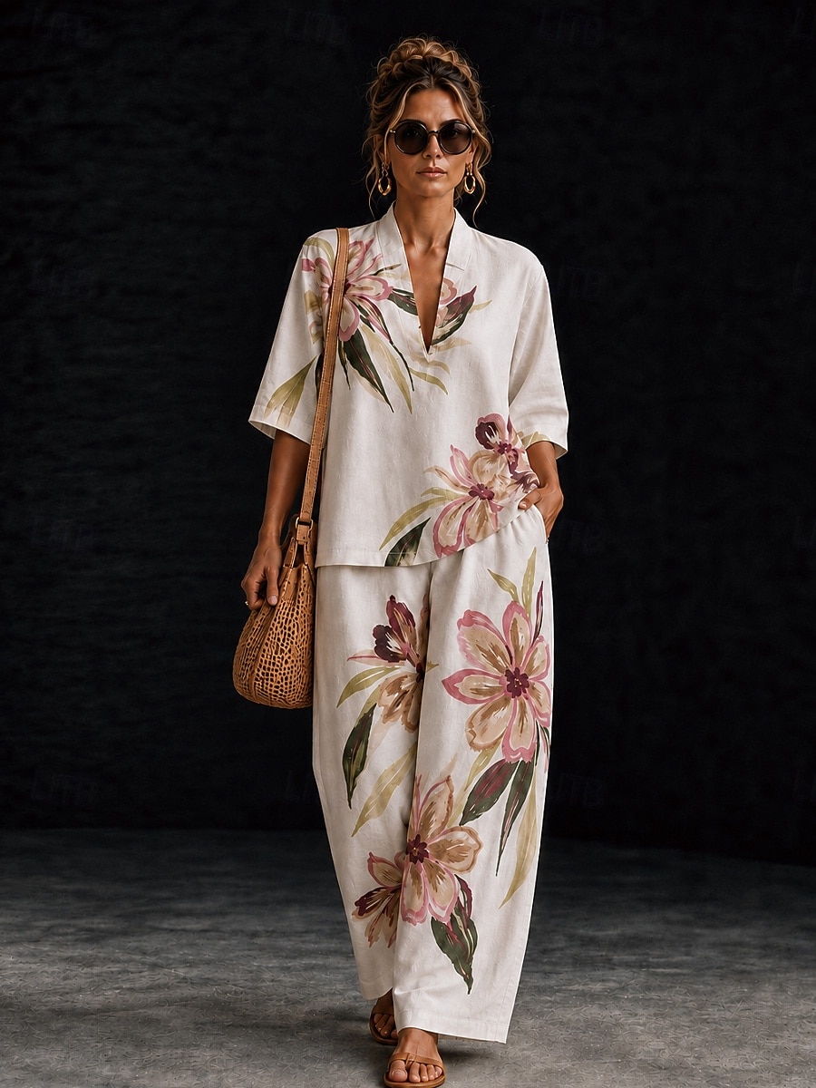 Women's Shirt Cotton Linen Sets Pants Sets Short Sleeve V Neck Floral Graphic Geometric Print Vacation Fashion Streetwear Casual Daily Outdoor Yellow Pink Dusty Rose Spring & Summer Loose Fit 2026 - $55.99 –P8
