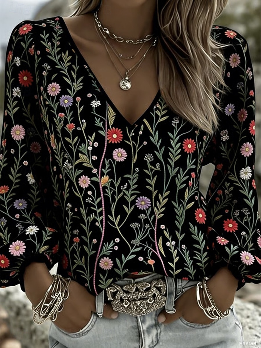 Women's Shirt Print Floral Graphic Bohemia Vacation Vintage Long Sleeve Lantern Sleeve V Neck Regular Tops Casual Daily Holiday Blue Black White Pink Summer Spring 2026 - KWD 11.99 –P1