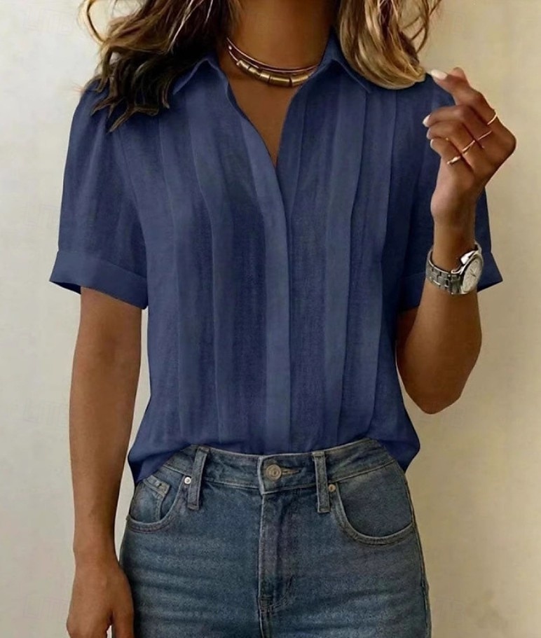 Mulheres Blusa Pregueado Botões Côr Sólida Tecido Vintage à moda Casual Manga Curta Colarinho de Camisa Tops regulares Casual Diário Azul Branco Amarelo Rosa Azul Marinha Verão Primavera de 2026 por $22.99 –P8