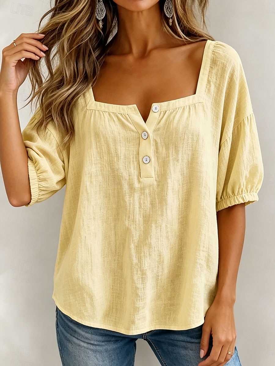 Mulheres Blusa Côr Sólida Diário à moda Básico Manga 3/4 Decote Quadrado Tops regulares Diário Azul Amarelo Rosa Verão Primavera de 2026 por $33.99 –P2