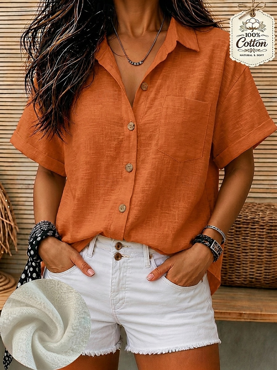 Mujer 100% Algodón Textura Bolsillo Color sólido Plano Vintage Manga Corta Tops regulares Casual Blanco Naranja Azul claro Verano 2026 - $33.99 –P2