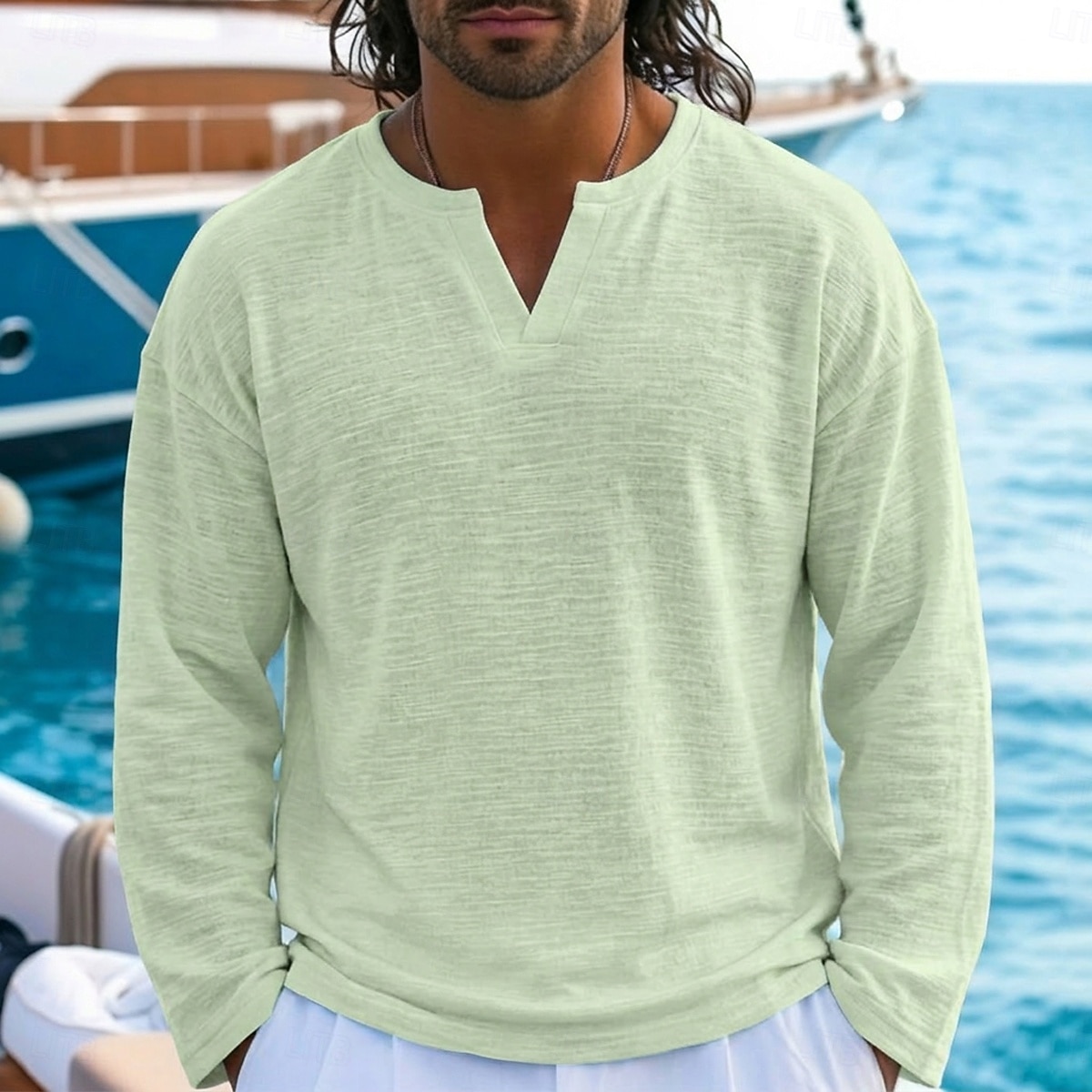 2026年 男性用 リネンTシャツ 長袖 Ｖネック ノッチ 春夏 夏 春 純色 平織り ヴィンテージ ボヘミアンスタイル カジュアル シースルー スリット カジュアル バケーション ストリート ブラック ホワイト ライトグリーン メンズトップTシャツ  コレクション – $20.99 –P5
