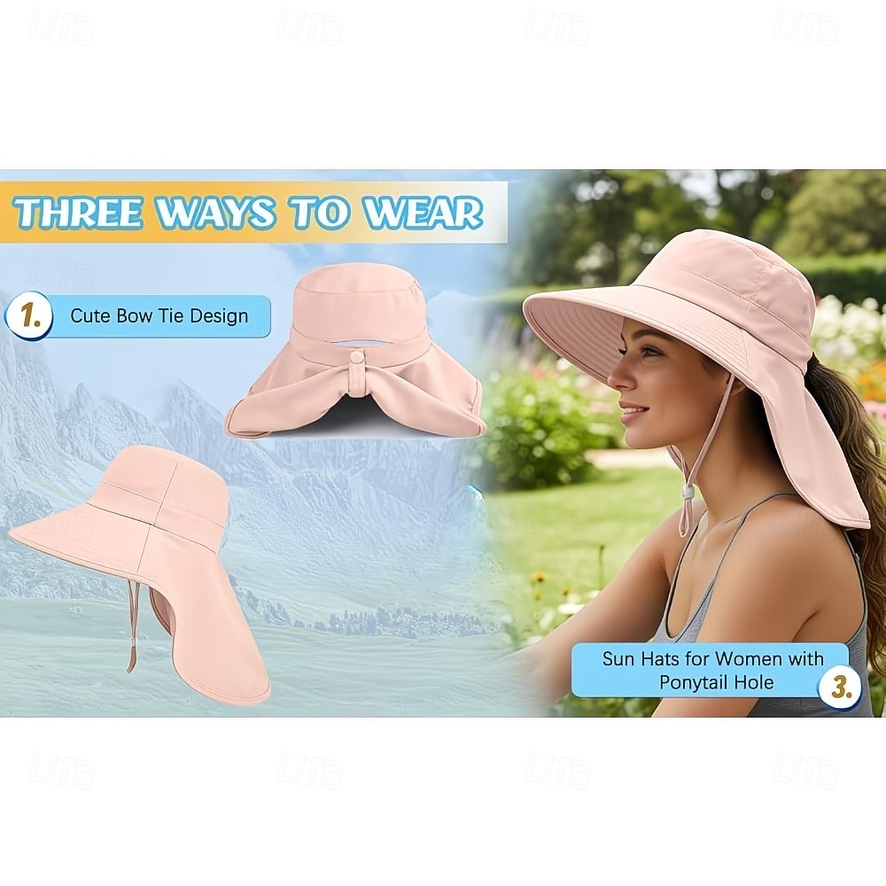 Sombrero de sol para mujer, plegable, de ala ancha, con solapa para cubrir el cuello y abertura para coleta. Permite llevar coleta sin oprimir la cabeza. Transpirable y fresco, ideal para vacaciones 2026 - $9.99 –P10