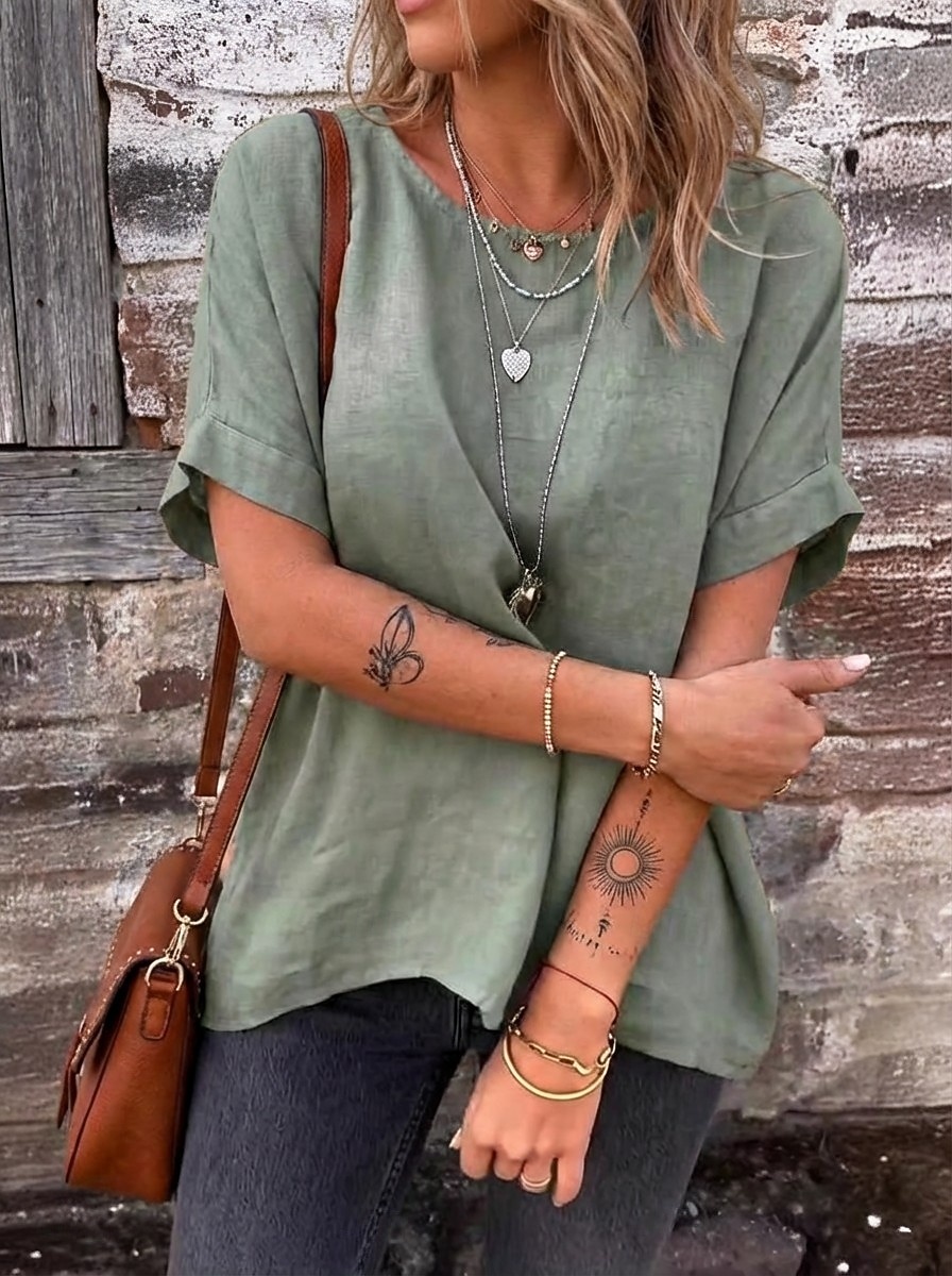 Women's Tee Top Solid Color Vintage Stylish Casual Short Sleeve Boat Neck Regular Tops Daily Going out Vacation Wear Khaki Navy Blue Olive Mint Green Dark Green Summer Spring 2026 - $21.99 –P7