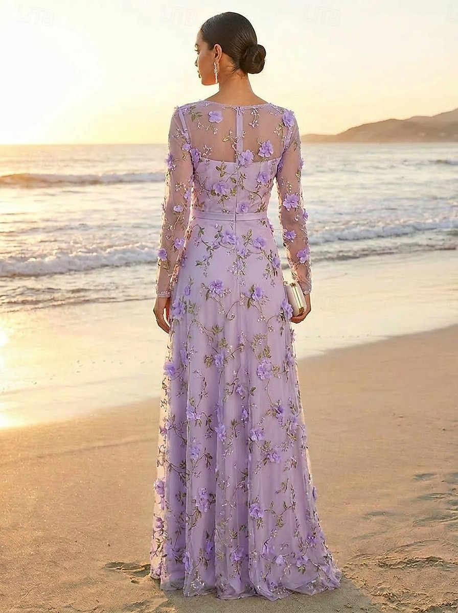 Linia -A Rochii Lungime Podea Rochie de petrecere Rochie Mama Miresei Manșon Lung Stil Nautic Iluzii Elegant Epocă Luxos Oficial Invitat la nunta Kentucky Derby Dantelă Tulle cu Flori 3D Broderie 2026 - $171.99 –P2
