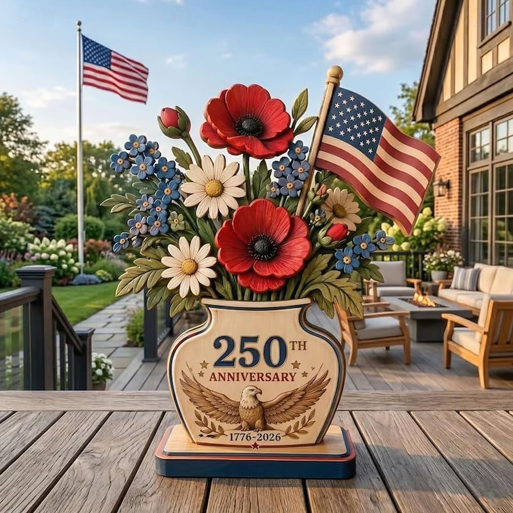 250. évfordulós hazafias virágmintás fa tömb asztaldísz, kézzel készített hazafias fa díszek, amerikai zászlós sas virágmintás asztaldísz, július 4-i asztaldekoráció 2026 - $25.99 –P3