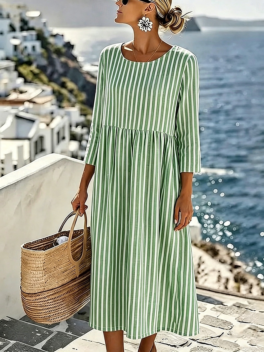 Per donna Abito Midi Abito a Tubino Vestito Estivo Vacanza Casual Spiaggia Uscire Vestibilità regolare Grafico Geometrico A righe Manica 3/4 Girocollo Blu Rosso Verde Grigio Estate Primavera del 2026 a $34.99 –P3