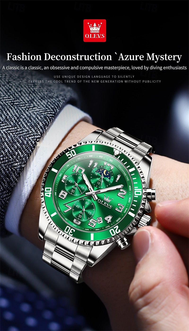 OLEVS Men's Chronograph Watch Luxury Green Face Two Tone Stainless Steel Moon Phase Waterproof Luminous Analog Quartz Wrist Watch for Men Big Face Fashion Sport Business Watch Gifts for Him 2026 - $39.99 –P17