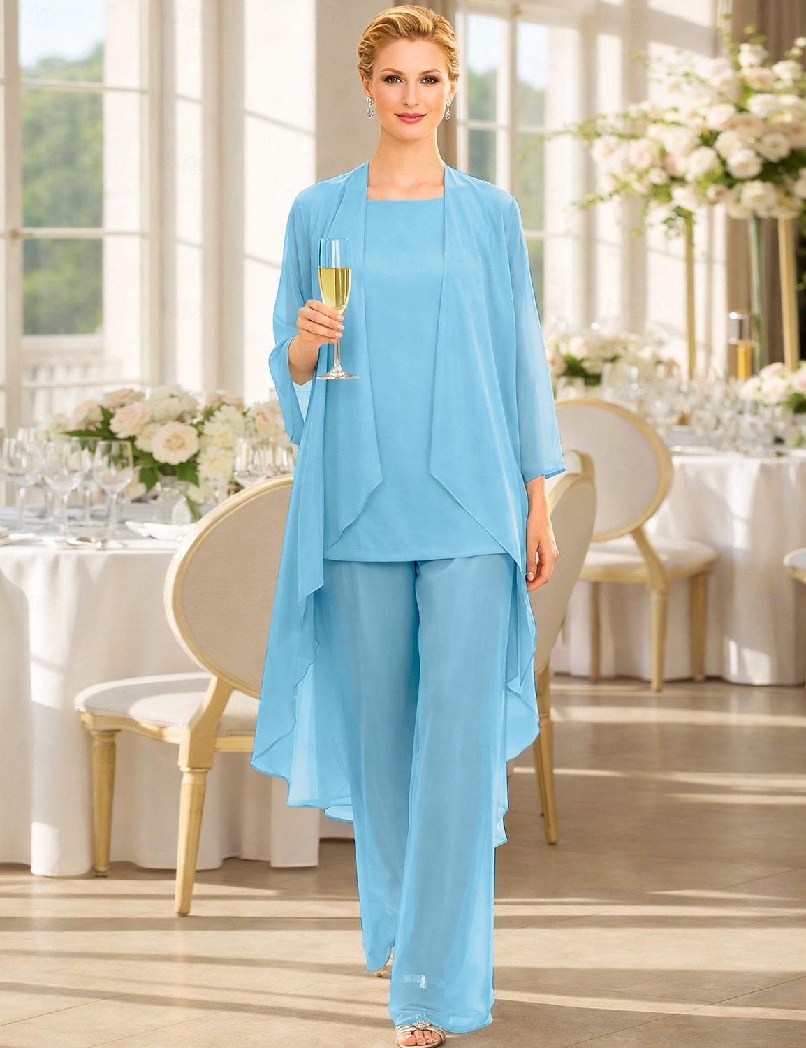Traje de pantalón Traje de 3 piezas Hasta el Suelo Vestido de Madrina Sin Mangas Barco de cuello Elegante Talla Grande Bolero incluido Invitado a la boda Gasa Vestidos de chaqueta con Un Color 2026 - $137.99 –P14