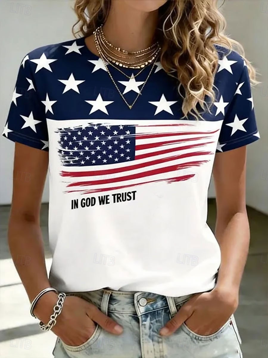 American Independence Day Women's T Shirt Print Graphic Letter National Flag Vintage Stylish Classic Short Sleeve Crew Neck Regular Tops Casual Daily Weekend Blue White Red Summer Spring 2026 - $21.99 –P3